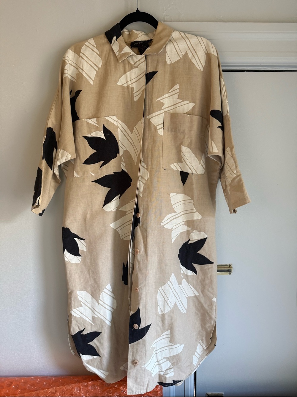 Andrea Jovine Beige Button-Down Shirt Dress with Navy & White Floral Print